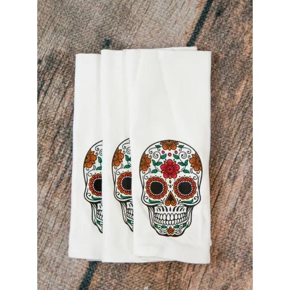 Sugar Skull Kitchen Towels Flour Sack 100% Cotton 16X28 Day Of The Dead Set Of 3