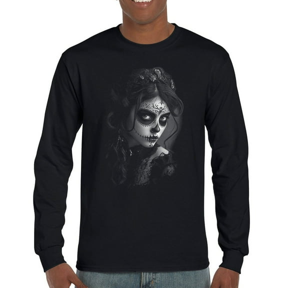 Sugar Skull Lace Long Sleeve T-shirt Black White Day of the Dead Gothic Beauty Monochrome Dia de Los Muertos Elegant