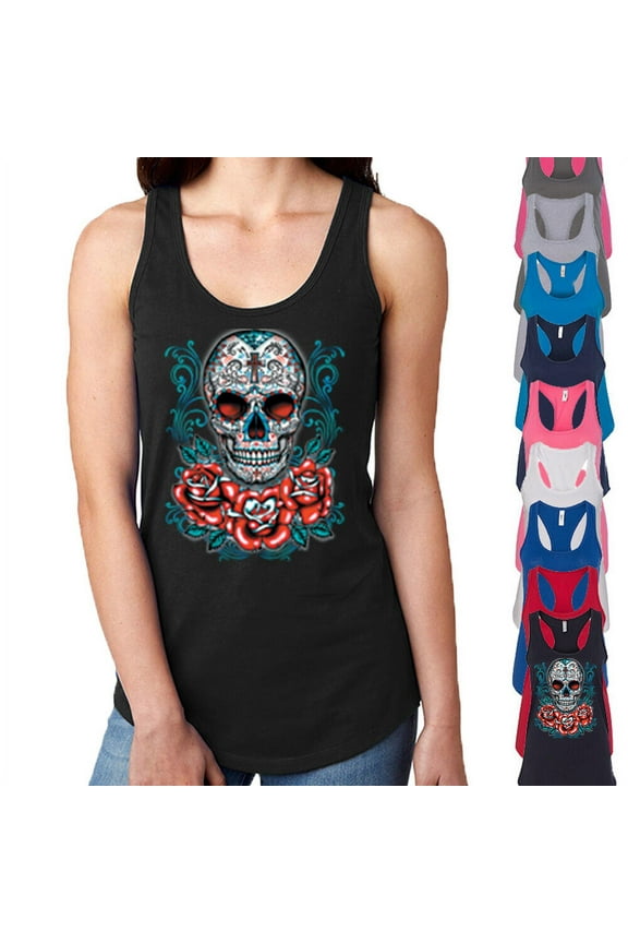 Sugar Skull Lady Tank Top Roses Necklace Day Of The Dead Tee Color Black X-Large