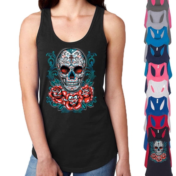 Sugar Skull Lady Tank Top Roses Necklace Day Of The Dead Tee Color Pink X-Large