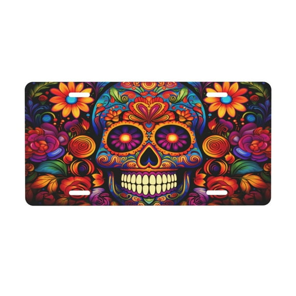 Sugar Skull License Plate Front Metal Car Plate 6×12 Inch Aluminum Noverlty License Plate Decorative Car Vanity Tag Plates Gifts