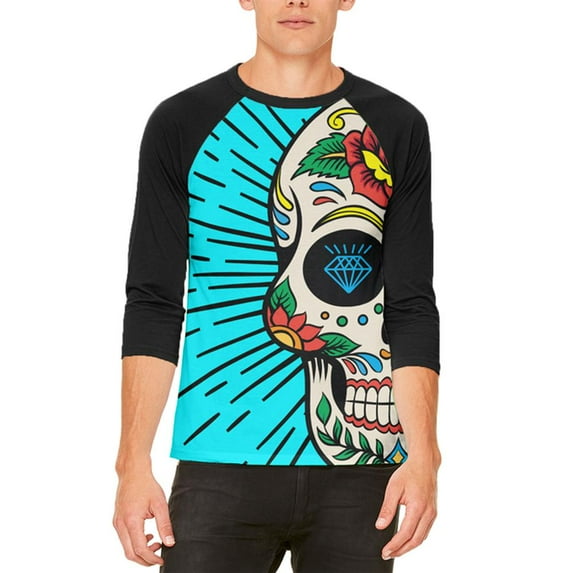 Sugar Skull Mens Raglan T Shirt White-Black X-LG