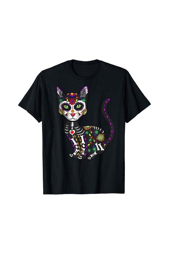 Sugar Skull Mexican Cat Halloween Day Of The Dead T-Shirt , Vintage T-Shirt