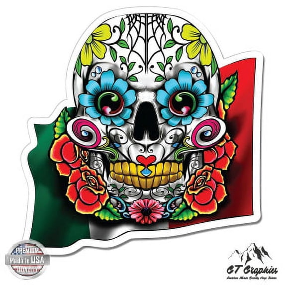 Sugar Skull Mexican Flag - 5" Vinyl Sticker - For Car Laptop I-Pad - Waterproof Decal