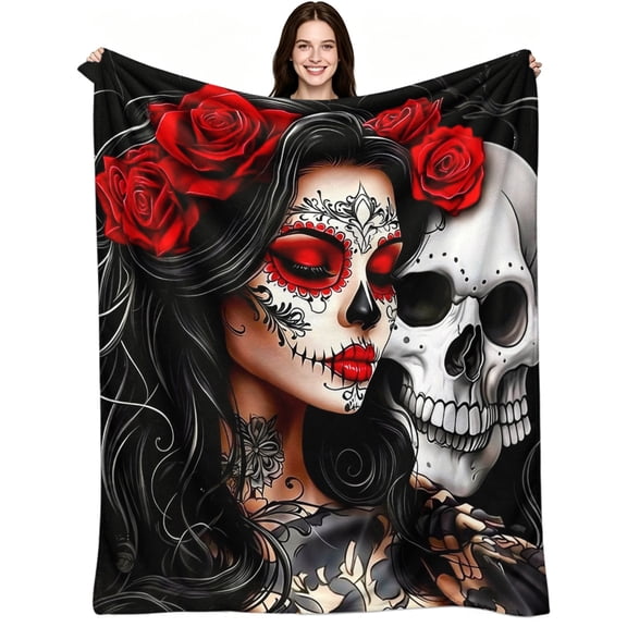 Sugar Skull Mexican Lady, Soft Warm Flannel Fleece, Aesthetic Gothic Mexican, Throw Blanket, Cozy Warm, Home Decor, Couch Sofa Bed, Flower Lovers Gift