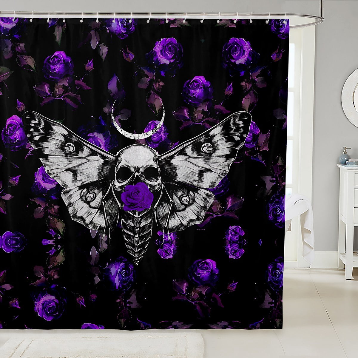 Gothic Skull Moth Shower Curtain Hooks - Set Of 12 Metal Rings, Halloween Bathroom Decor, Silver/Black