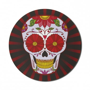 Sugar Skull Mouse Pad for Computers, Catrina Inspired Art of Skull Dead Head with Ornate Flowers Remembrance Theme, Round Non-Slip Thick Rubber Modern Mousepad, 8" Round, Multicolor, by Ambesonne