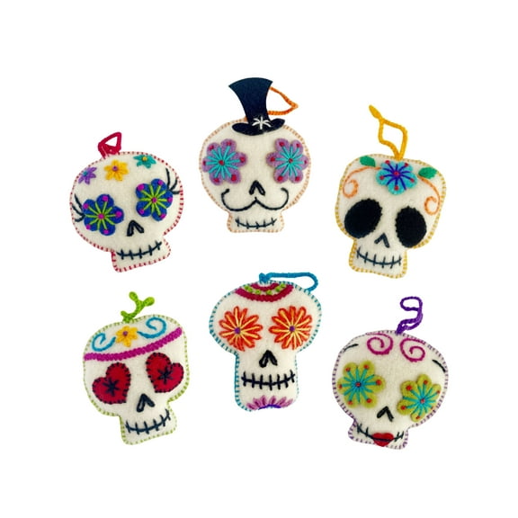 Sugar Skull Ornament Set, Da de los Muertos - Day of the Dead, Embroidered Wool, Fair Trade from Peru