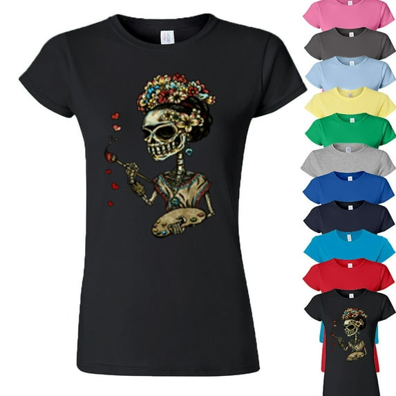 Sugar Skull Paint Heart Women's T-shirt Flower Crown Skull Tee Color Sport Gray X-Large