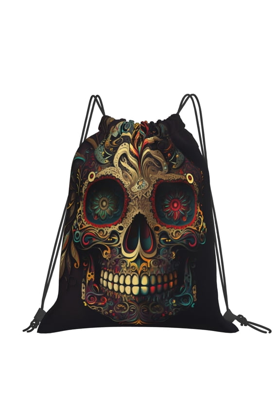 Sugar Skull Paisley Mexican Skulls Large Drawstring Backpack Casual Cinch Sack Bag Backpack for Sports Hiking Travel Gym