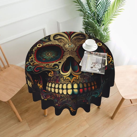 Sugar Skull Paisley Mexican Skulls Tablecloths Round 60 inch Fabric Table Cloth Cover for Dining Kitchen Wedding Party
