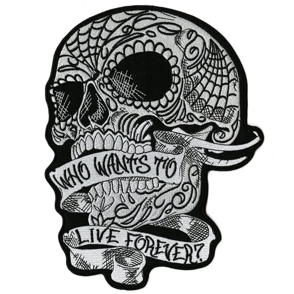 Sugar Skull Patch 10" Who Wants to Live Forever De Los Muertos Rose Skeleton | Embroidered Iron On | Large - by Nixon Thread Co.