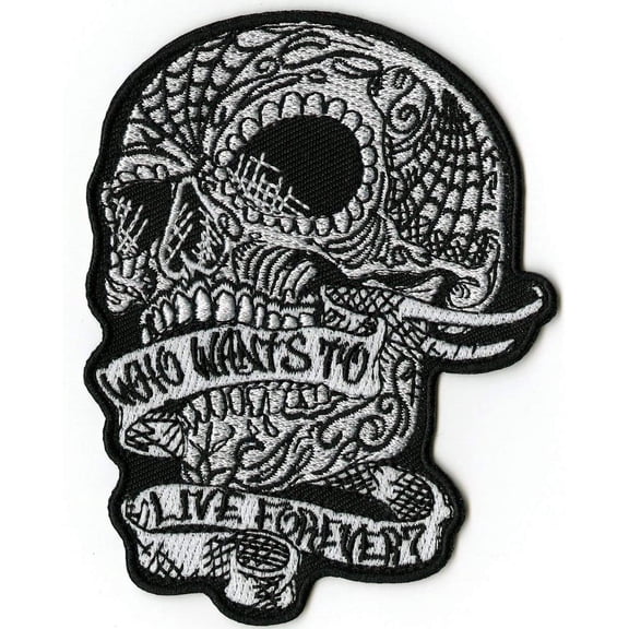 Sugar Skull Patch 4" | "Who Wants to Live Forever" Rose Skeleton Embroidered Iron On | Small - by Nixon Thread Co.