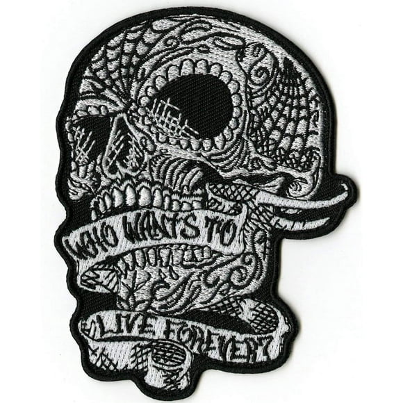 Sugar Skull Patch 4" | "Who Wants to Live Forever" Rose Skeleton Embroidered Iron On | Small - by Nixon Thread Co.