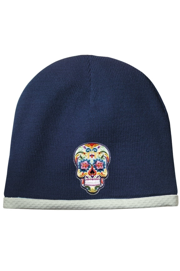 Sugar Skull Patch Performance Beanie Hat - True Navy
