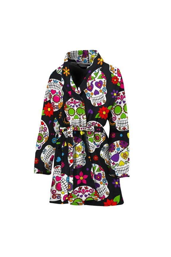 Sugar Skull Pattern Women Bathrobe One Size Univeral Fits, Skull Lover Gifts Fashion Lightweight Plush Fleece Long Robe For Women