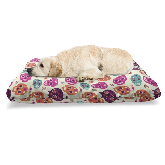 Sugar Skull Pet Bed, Colorful Skull Silhouettes Hearts and Flowers Carnival Celebration Theme, Chew Resistant Pad for Dogs and Cats Cushion with Removable Cover, 24" x 39", Multicolor, by Ambesonne