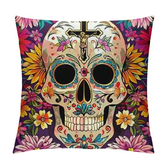 Sugar Skull Pillow Cover Decorative Couch Pillow Cover for Sofa, Cushion Case Indoor Outdoor Home Decoration