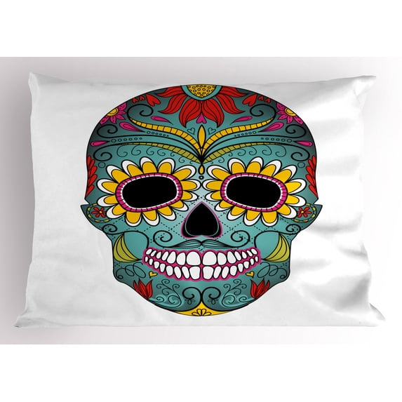 Sugar Skull Pillow Sham Folk Art Elements Featured Skull Day of the Dead Celebration Concept Print, Decorative Standard King Size Printed Pillowcase, 36 X 20 Inches, Multicolor, by Ambesonne