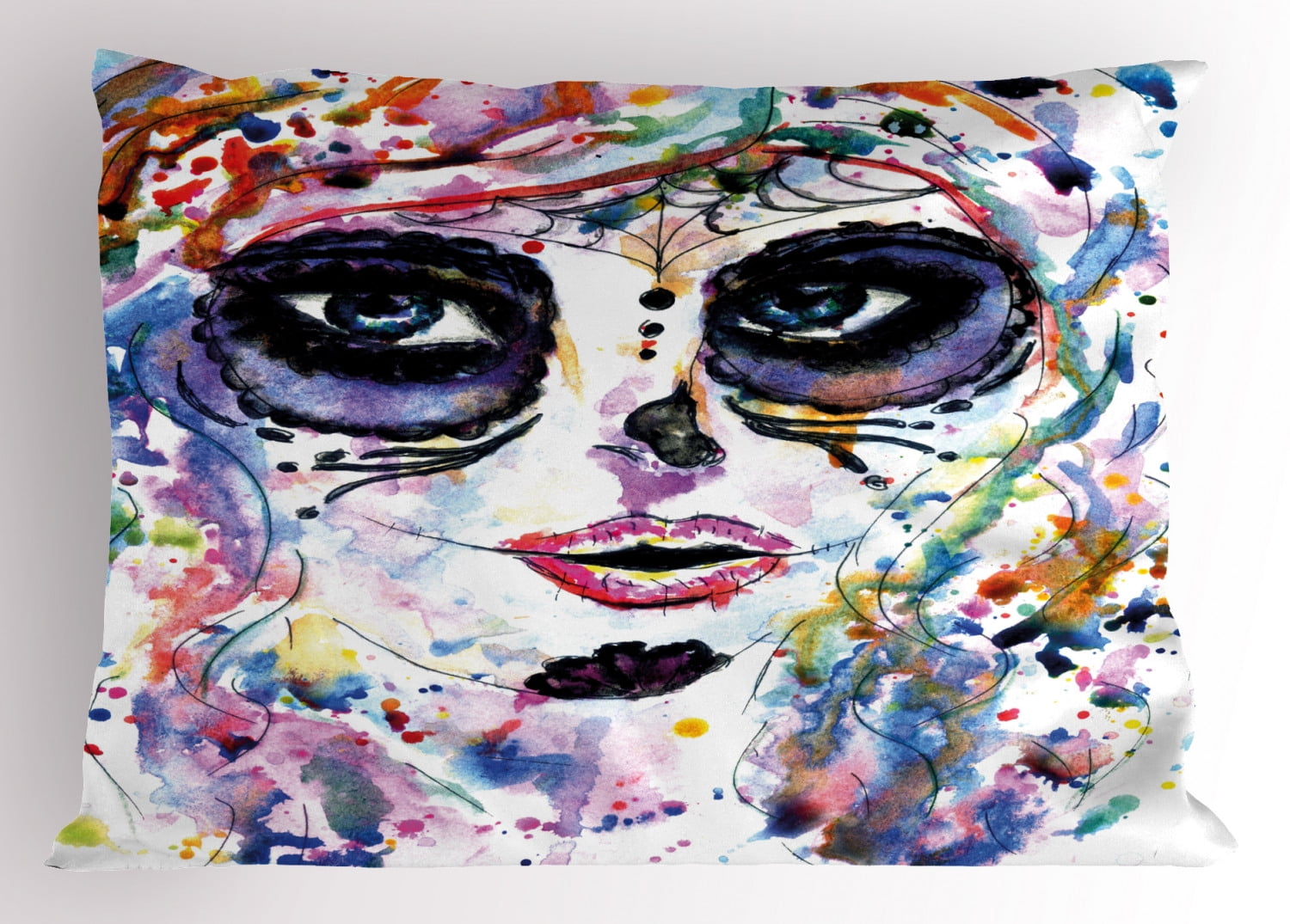 Multicolor Sugar Skull Polyester Queen Pillow Sham