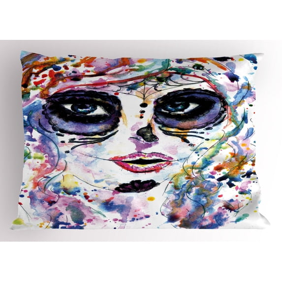 Sugar Skull Pillow Sham Halloween Girl with Sugar Skull Makeup Watercolor Painting Style Creepy Look, Decorative Standard Queen Size Printed Pillowcase, 30 X 20 Inches, Multicolor, by Ambesonne