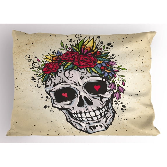 Sugar Skull Pillow Sham Human Skull with Wreath of Roses and Wild Flowers Hearts in Boho Chic Design, Decorative Standard King Size Printed Pillowcase, 36 X 20 Inches, Multicolor, by Ambesonne