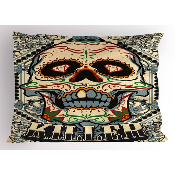 Sugar Skull Pillow Sham Sugar Killer Calaveras Framework Day of the Dead Vintage Gothic Design Print, Decorative Standard Size Printed Pillowcase, 26 X 20 Inches, Multicolor, by Ambesonne