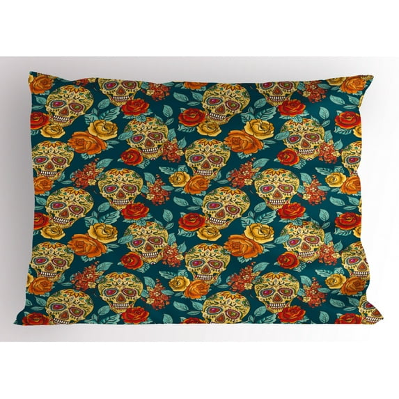 Sugar Skull Pillow Sham Skulls Diamond Shapes in Eyes Roses Bouquets Colorful Pattern Artistic Print, Decorative Standard King Size Printed Pillowcase, 36 X 20 Inches, Multicolor, by Ambesonne