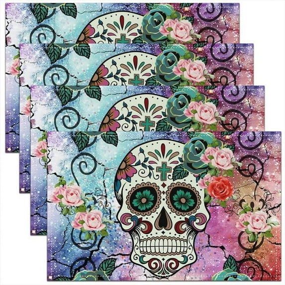 Sugar Skull Placemats Set of 4, Galaxy Boho Exotic Skeleton Table Place Mats, Floral Roses Skull Placemat for Kitchen Dining Table Decoration Indoor Outdoor 18"x12"