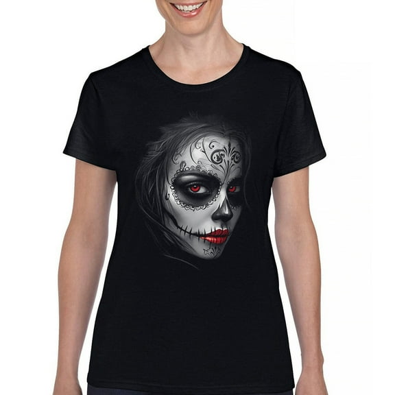 Sugar Skull Portrait T-Shirt Gothic Beauty Red Lips Day of the Dead Dia de Los Muertos Mexican Calavera Women's Tee