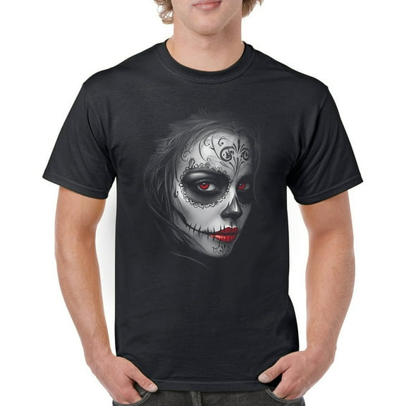 Sugar Skull Portrait T-shirt Gothic Beauty Red Lips Day of the Dead Dia de Los Muertos Mexican Calavera Men's Tee