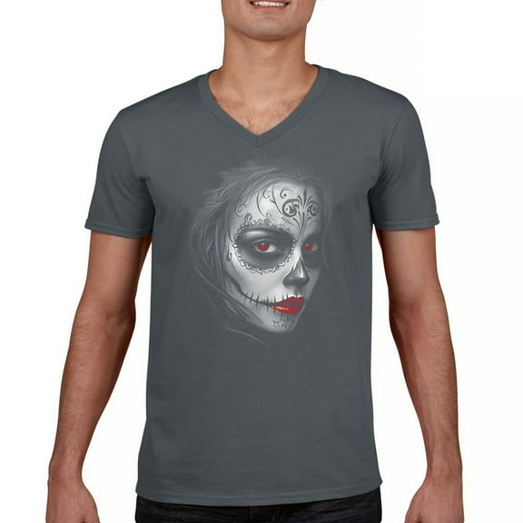 Sugar Skull Portrait V-Neck T-shirt Gothic Beauty Red Lips Day of the Dead Dia de Los Muertos Mexican Calavera Tee