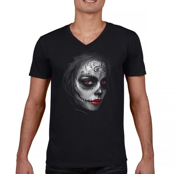 Sugar Skull Portrait V-Neck T-shirt Gothic Beauty Red Lips Day of the Dead Dia de Los Muertos Mexican Calavera Tee