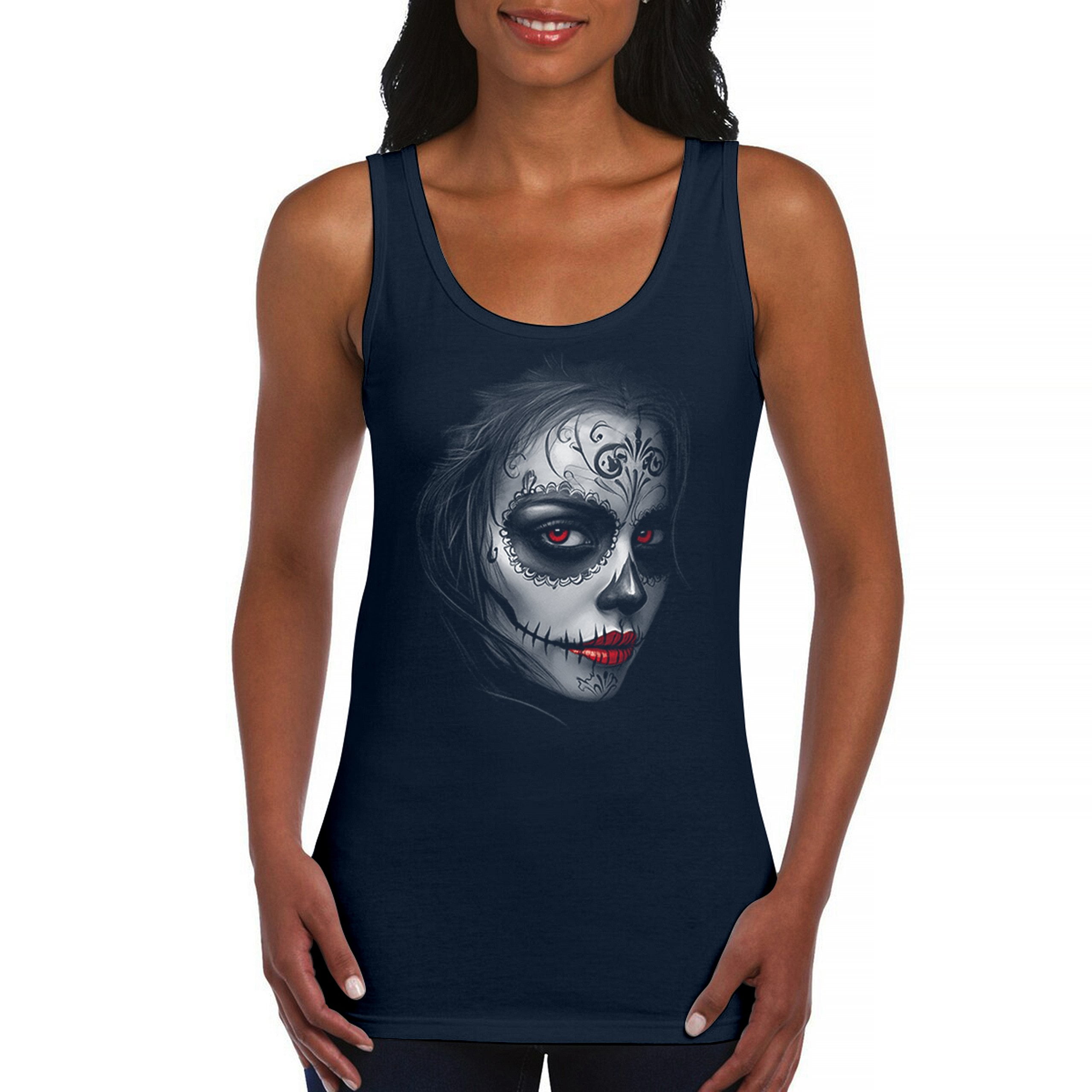 Sugar Skull Portrait Women's Tank Top Gothic Beauty Red Lips Day