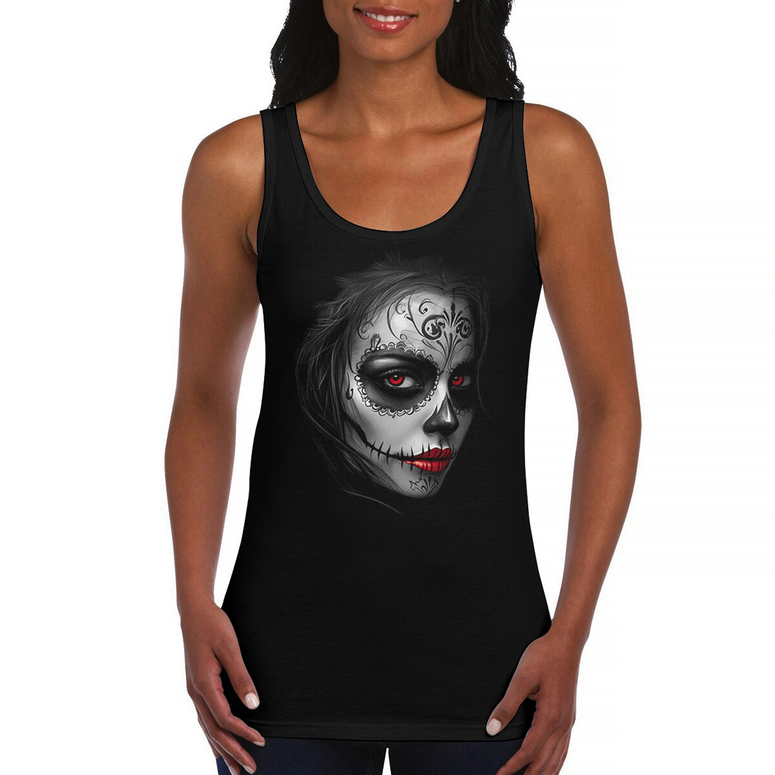 Sugar Skull Portrait Women's Tank Top Gothic Beauty Red Lips Day