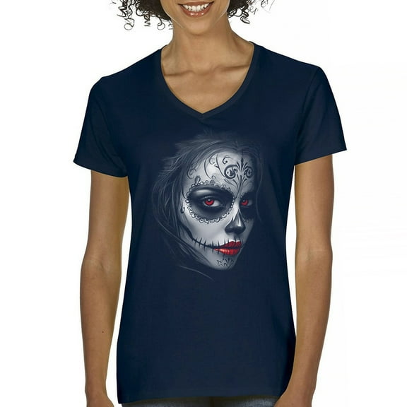 Sugar Skull Portrait Women's V-Neck T-shirt Gothic Beauty Red Lips Day of the Dead Dia de Los Muertos Mexican Calavera Tee
