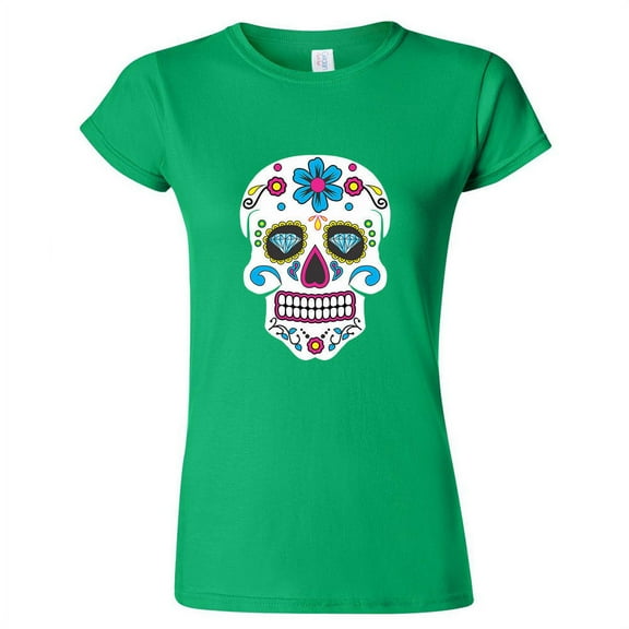 Sugar Skull Printed Lady T-shirt Day Of The Dead Irish Green Tee Large
