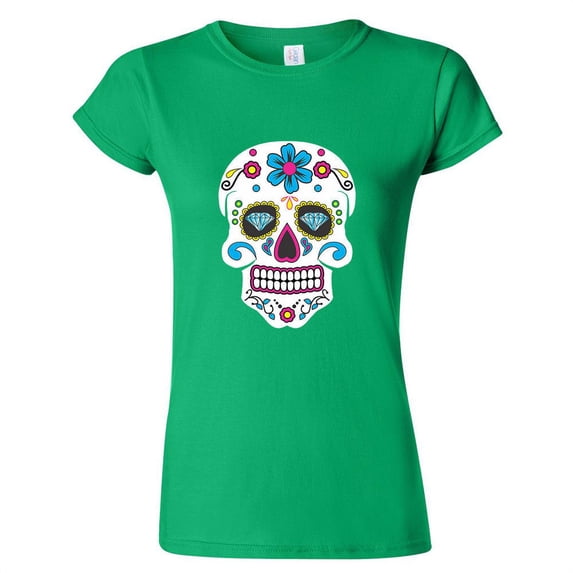 Sugar Skull Printed Lady T-shirt Day Of The Dead Irish Green Tee Medium