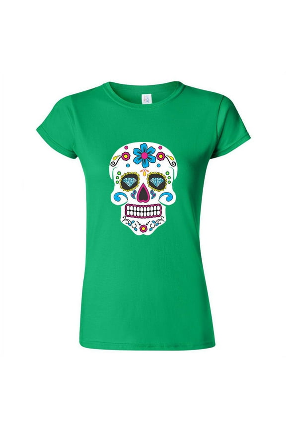 Sugar Skull Printed Lady T-shirt Day Of The Dead Irish Green Tee Small