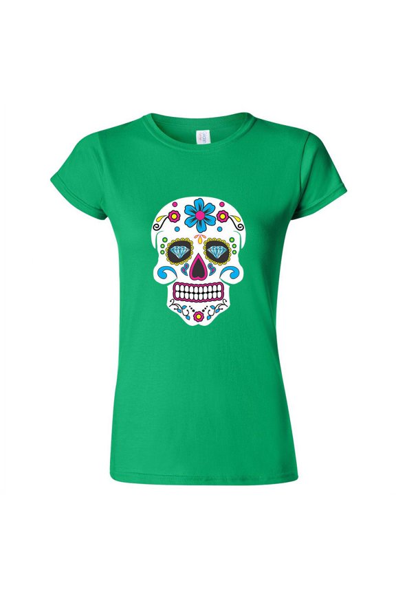 Sugar Skull Printed Lady T-shirt Day Of The Dead Irish Green Tee X-Large