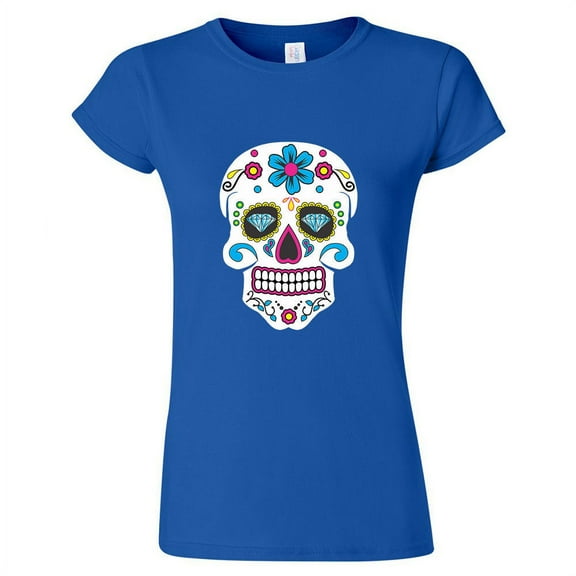 Sugar Skull Printed Lady T-shirt Day Of The Dead Royal Blue Tee Large