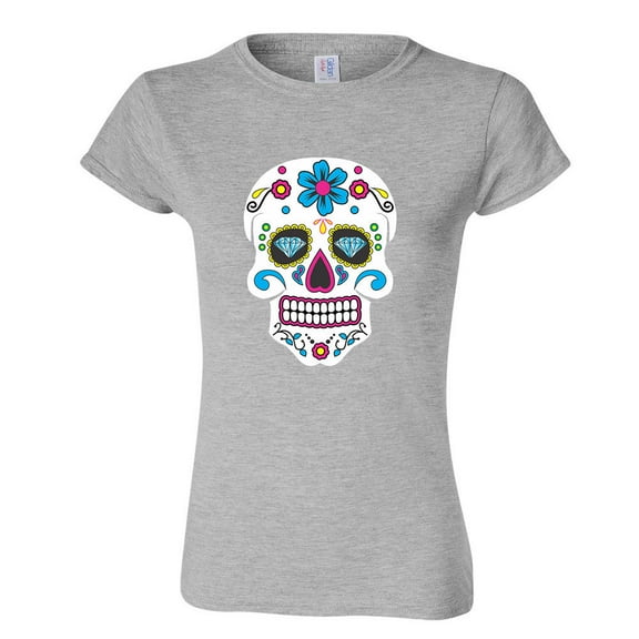 Sugar Skull Printed Lady T-shirt Day Of The Dead Sport Gray Tee Large