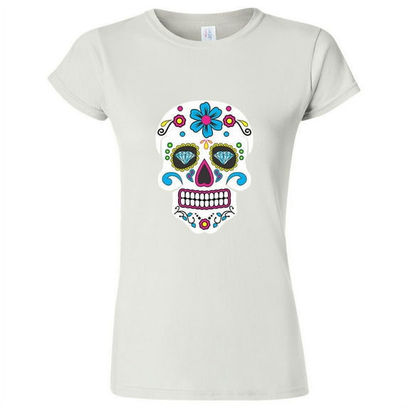 Sugar Skull Printed Lady T-shirt Day Of The Dead White Tee Large