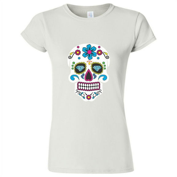 Sugar Skull Printed Lady T-shirt Day Of The Dead White Tee Medium