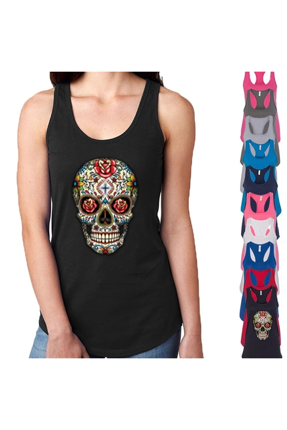 Sugar Skull Printed Lady Tank Top Rose Eyes Day Of Dead Tee Color Black X-Large