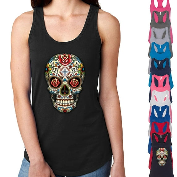 Sugar Skull Printed Lady Tank Top Rose Eyes Day Of Dead Tee Color Royal Blue Large