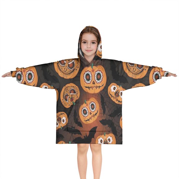 Sugar Skull Pumpkins Halloween Pattern Blanket Hoodies for Kids 6-13YR Oversize Wearable Blanket Hoodies for Boys Girls Teens