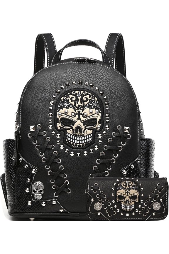 Sugar Skull Punk Art Rivet Stud Biker Purse Women Fashion Backpack Python Daypack Bag Wallet Set (Black Set)