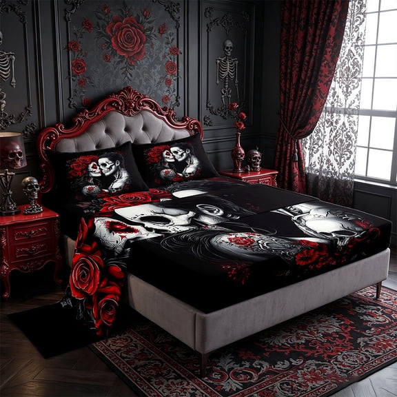 Erosebridal Sugar Skull Queen Bed Sheets Set,Gothic Skeleton Floral Sheet Set,Romantic Death Love Sheets,Spooky Rose Valentine'S Day Flat Fitted Sheet for Couple Women Men