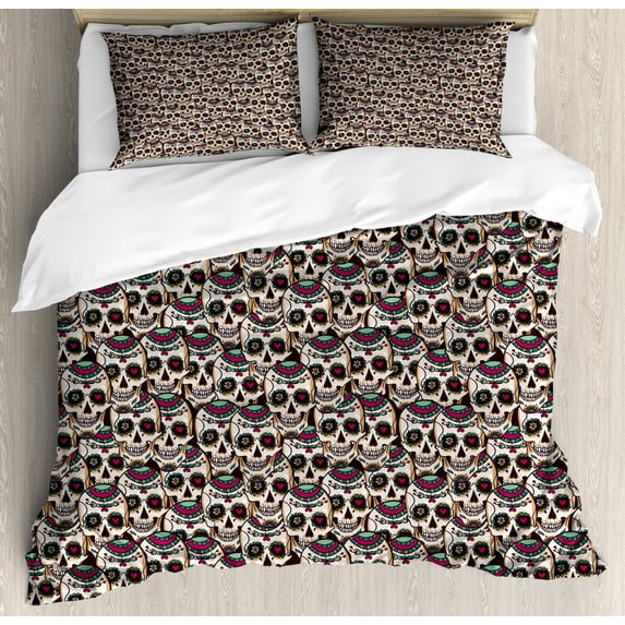 Sugar Skull Queen Size Duvet Cover Set, Continuous Pattern with Jumbled and Overlapped Skulls Ornamented with Flowers, Decorative 3 Piece Bedding Set with 2 Pillow Shams, Multicolor, by Ambesonne